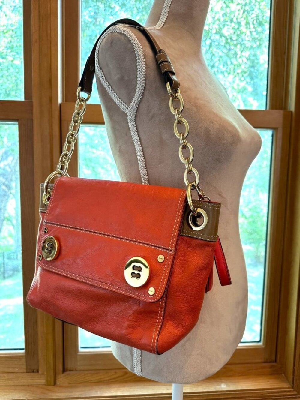 Milly Orange Leather Flap Shoulder Bag Gold Chain Tassel Button Hardware